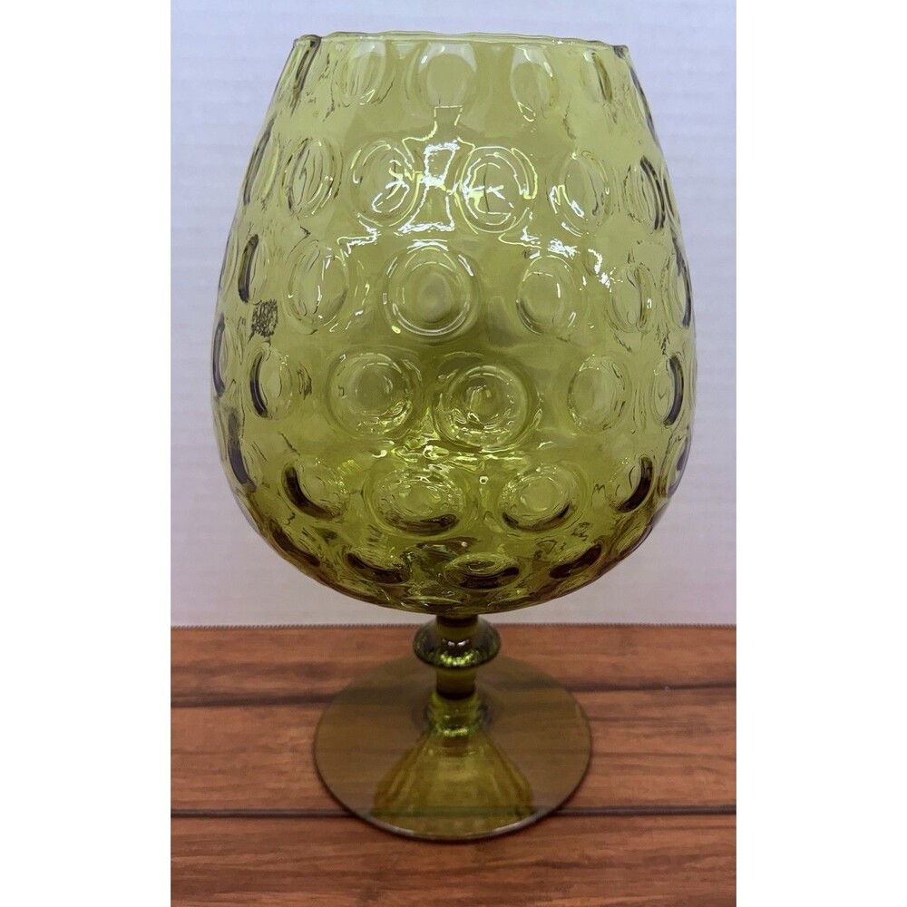 Vintage Mid Century Large 10” Tall Empoli Avocado Green Optic Brandy Snifter MCM